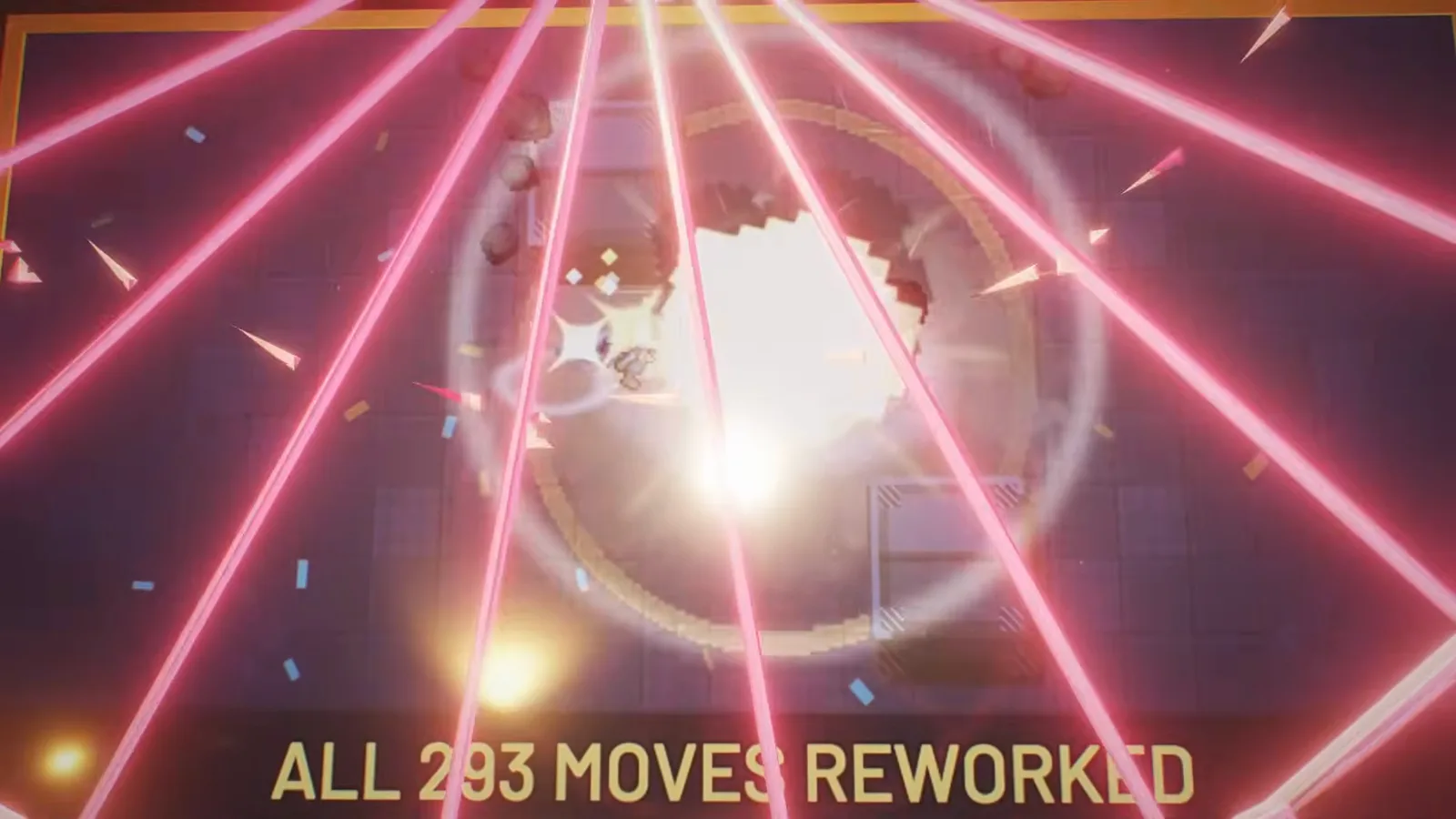 Una onda de choque rosada estalla en una arena nocturna de Empress 2.0, el fotograma que carga el rótulo All 293 moves reworked