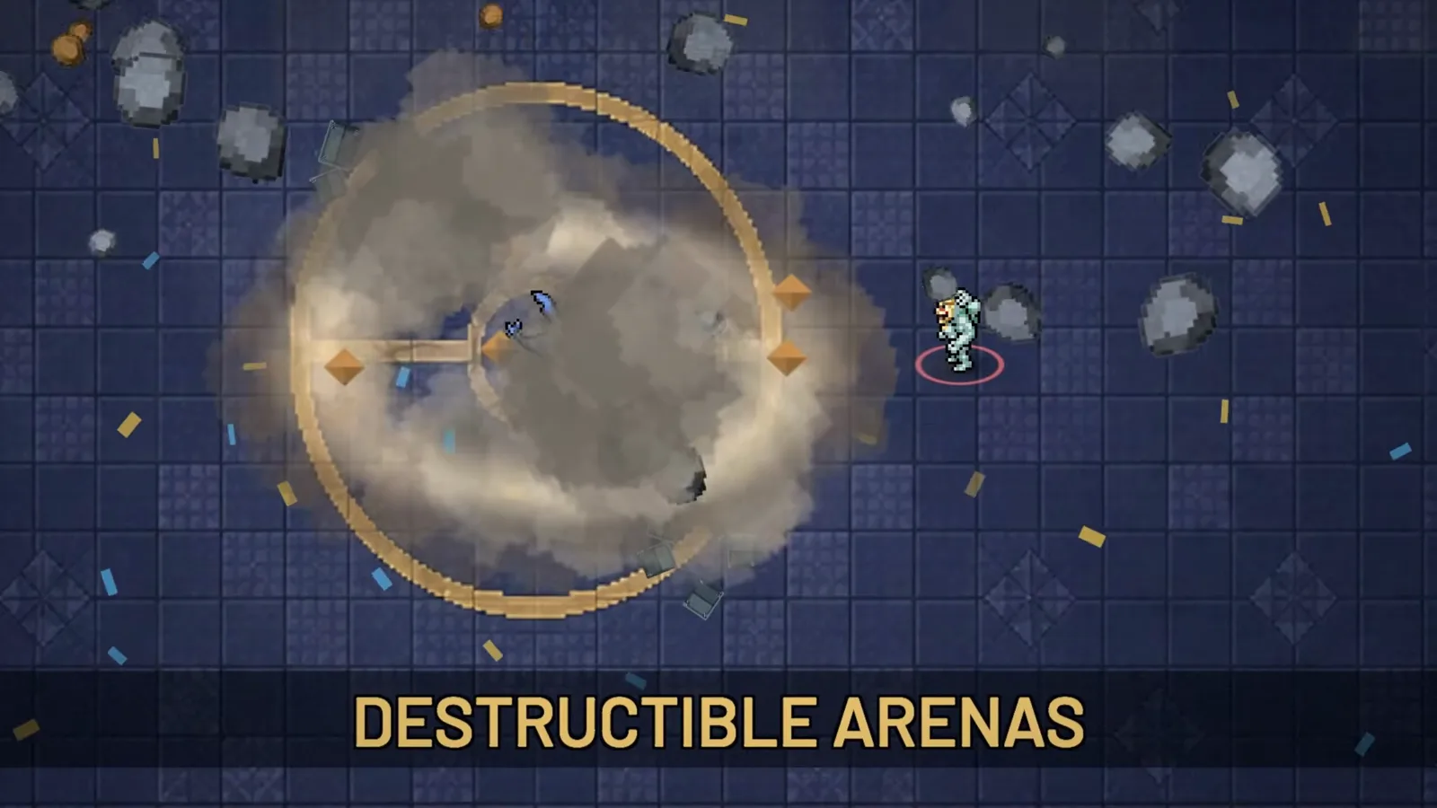 Escombros, nubes de humo y bloques rotos cubren una arena de Empress 2.0 en plena batalla