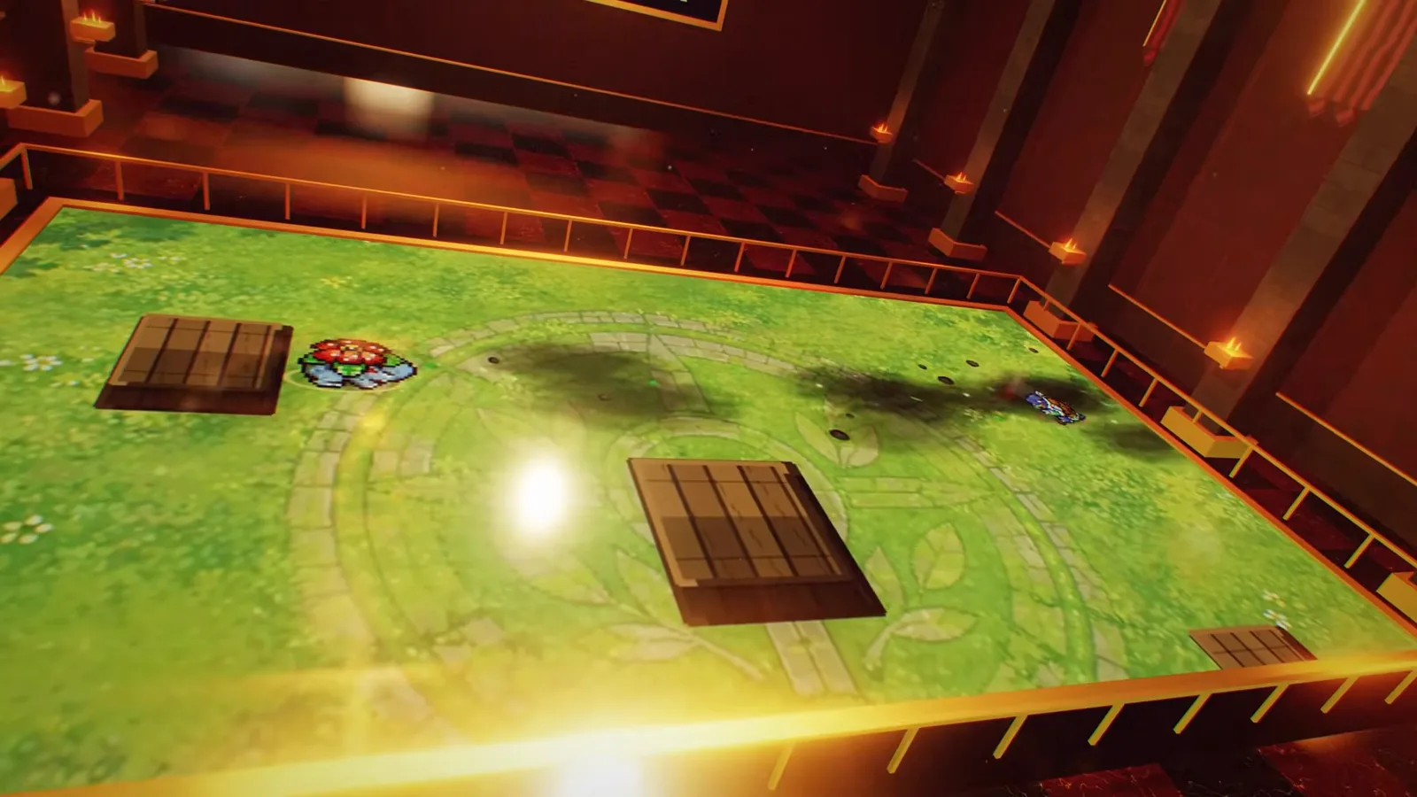 Arena de hierba de Empress 2.0 sobre una mesa de galería, con cajas, marcas de quemadura y una pelea en curso