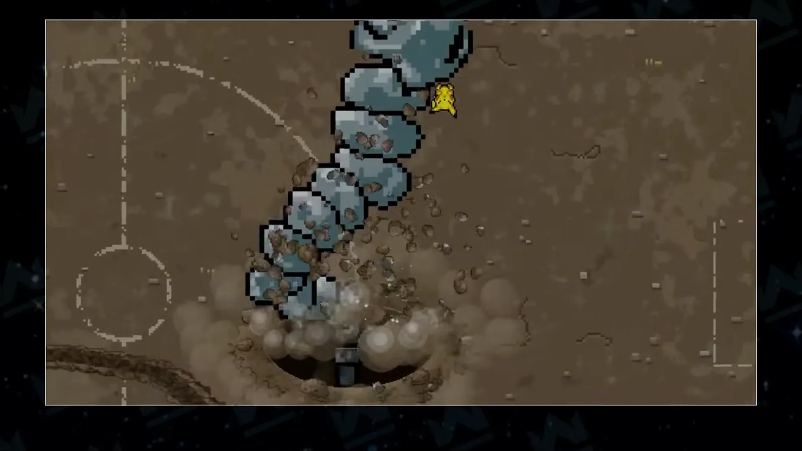 Onix jaillit du terrain Dans la bande-annonce, un Onix géant jaillit d’un cratère du terrain en terre sous une volée de poussière
