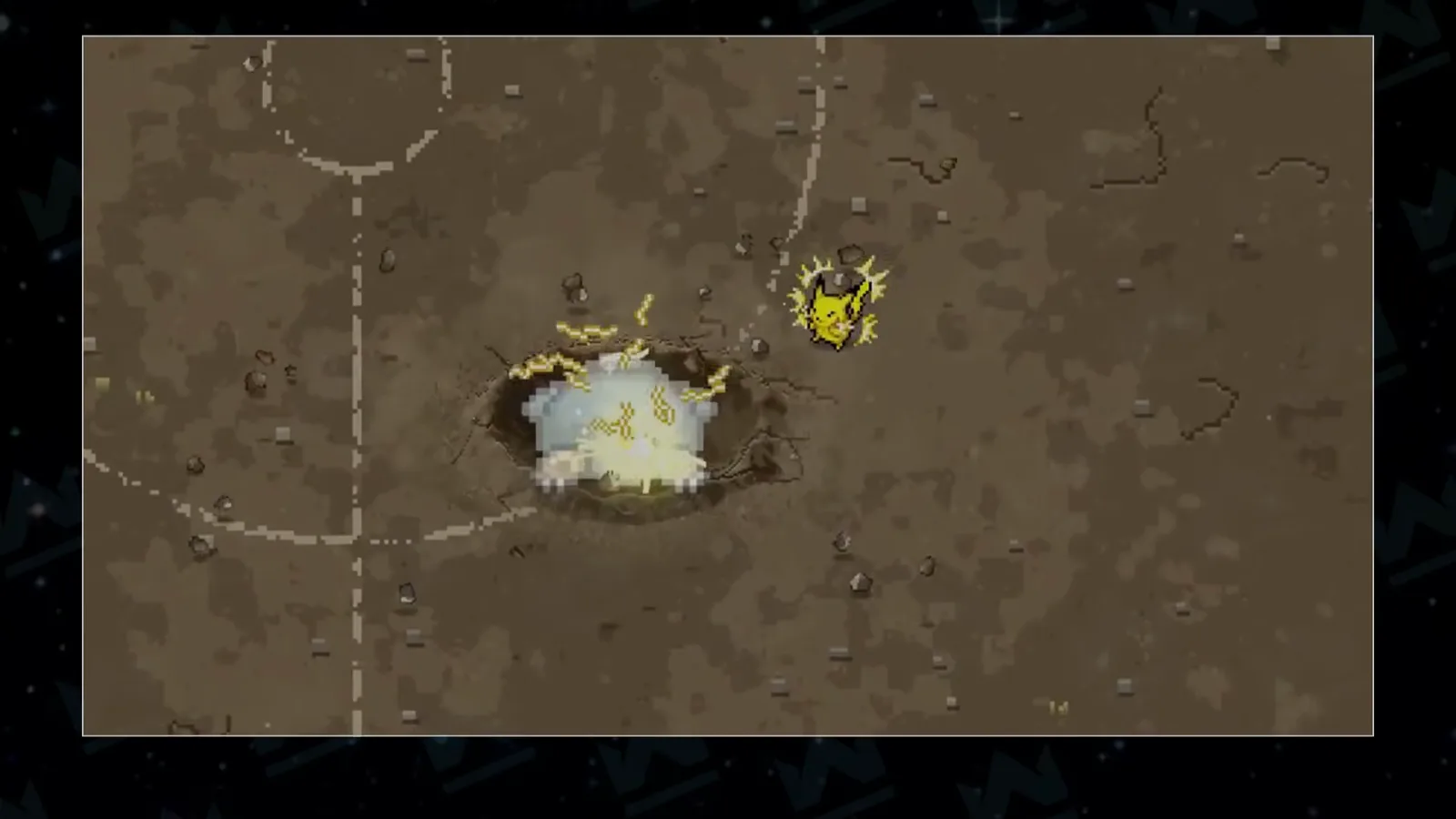 Onix domine Pikachu de toute sa hauteur L’échelle saluée dans l’avis se lit quand un Onix colossal s’enroule au-dessus d’un minuscule Pikachu sur un terrain en terre