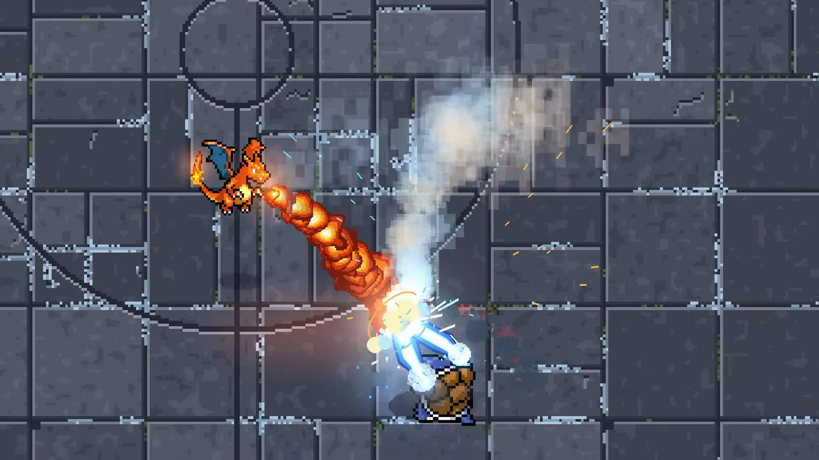 Pokemon Arena 2D gameplay clip of Charizard’s Flamethrower meeting Blastoise’s water cannons head-on inside a stone arena