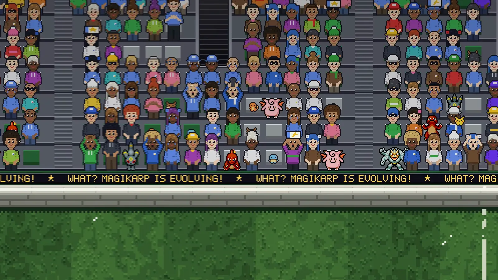 Pokemon Arena 2D crowd stands with the in-game announcer ticker flashing WHAT? MAGIKARP IS EVOLVING