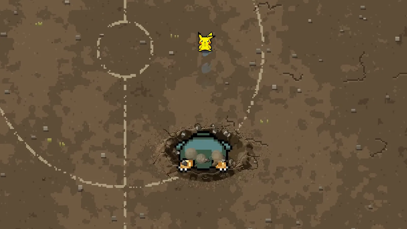 A burrowed Pokemon lurking inside a dug hole on the dirt arena floor while Pikachu closes in during Pokemon Arena 2D gameplay