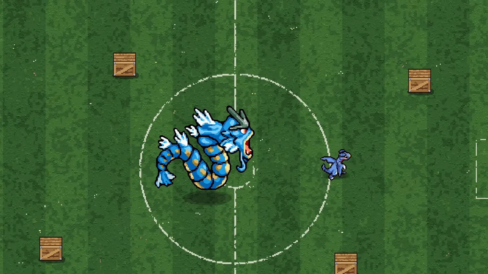 Gyarados sprawled across the center circle of the grass pitch moments after the Magikarp evolution call in Pokemon Arena 2D