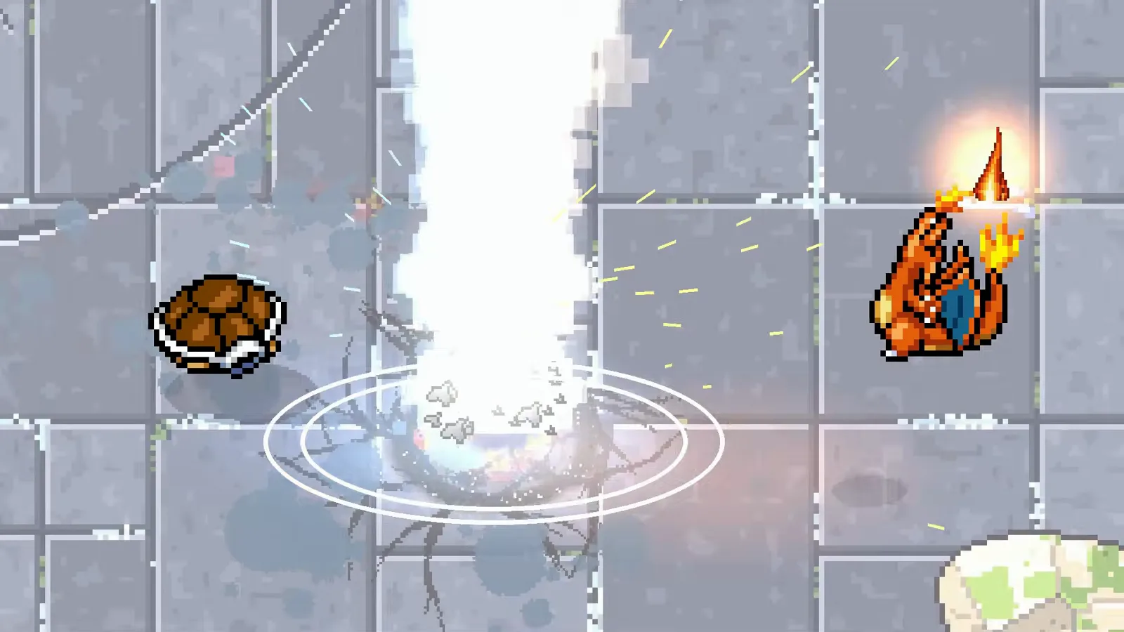 A towering water eruption blasting straight up through a bright stone arena floor in Pokemon Arena 2D gameplay