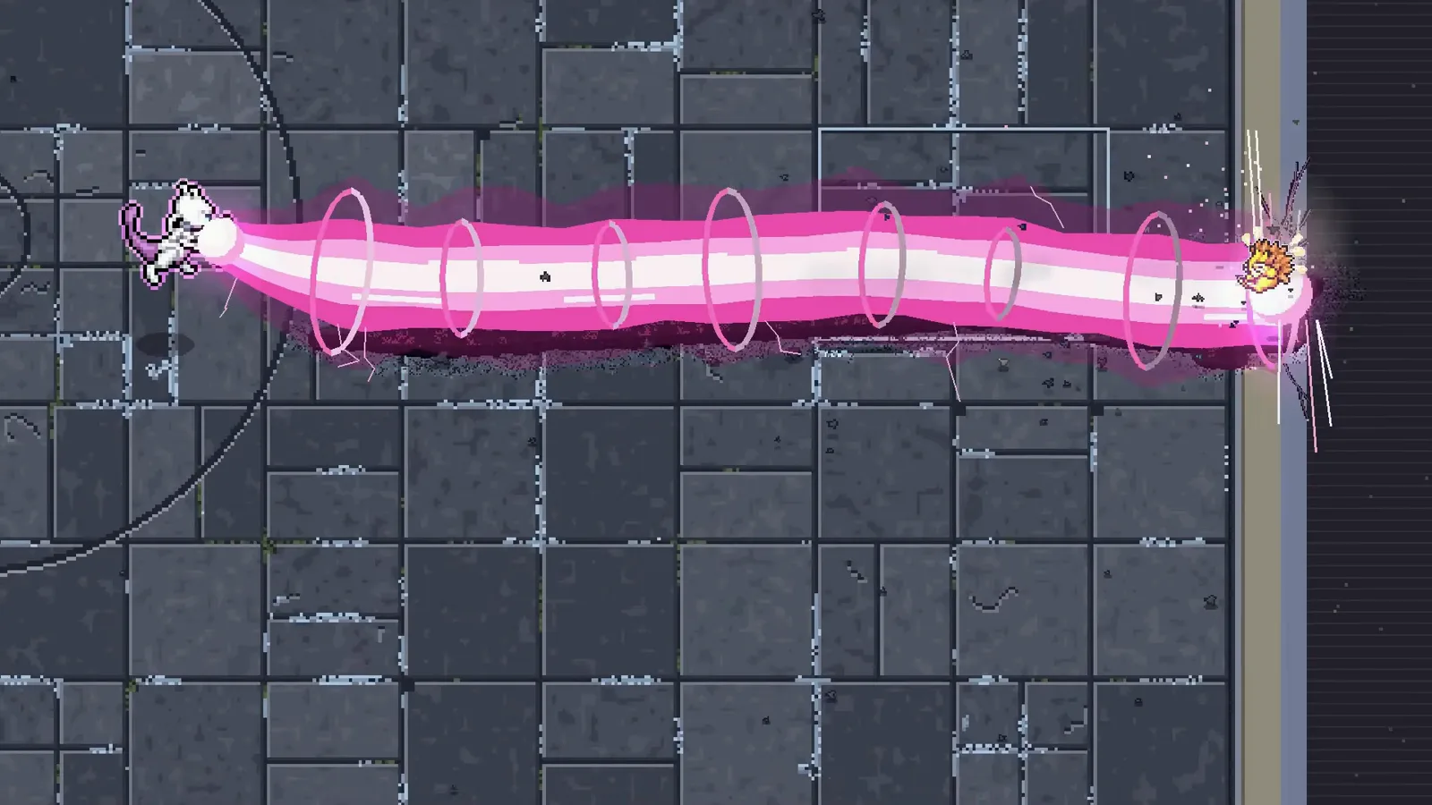 Mewtwo sweeping a thick pink signature beam across a dark stone arena to pin a fire-type against the boundary in Pokemon Arena 2D