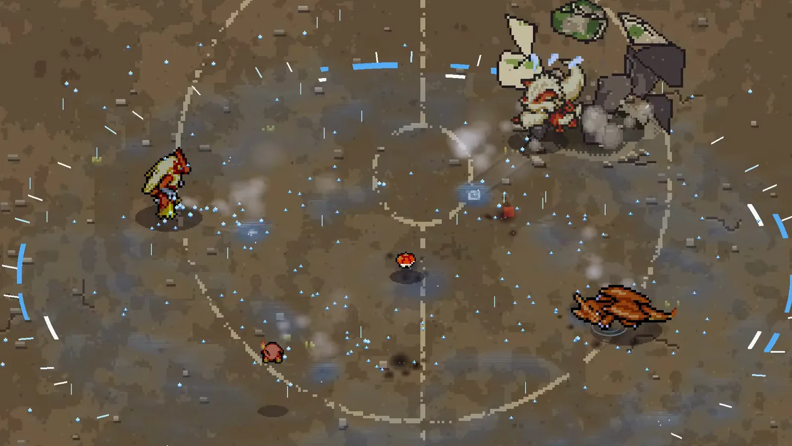 Several Pokemon trading shots at once across a marked dirt arena in Pokemon Arena 2D real-time combat