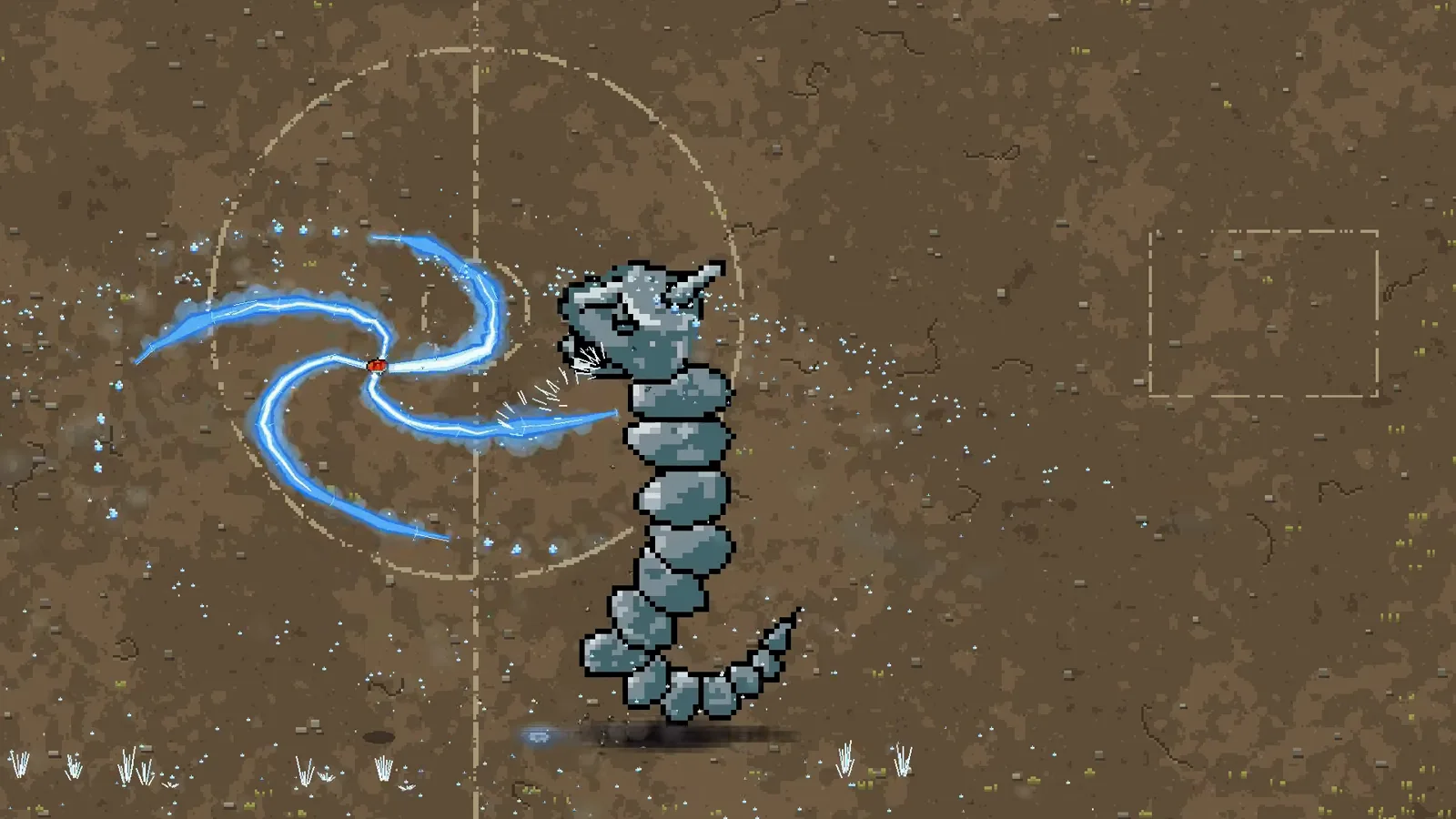 Onix coiled beside a swirling blue attack on the dirt arena floor in Big Kid Nation’s Pokemon Arena 2D trailer