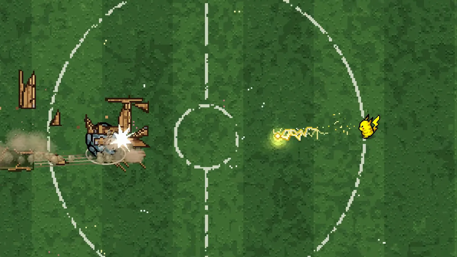Pikachu loosing a jagged Thunderbolt across the grass pitch toward cover being smashed apart in Pokemon Arena 2D