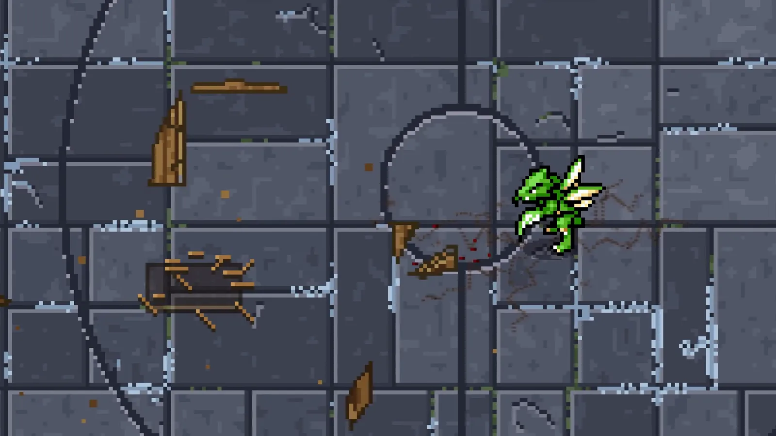 Scyther surrounded by the splinters of wooden crates it just destroyed on a dark stone arena in Pokemon Arena 2D