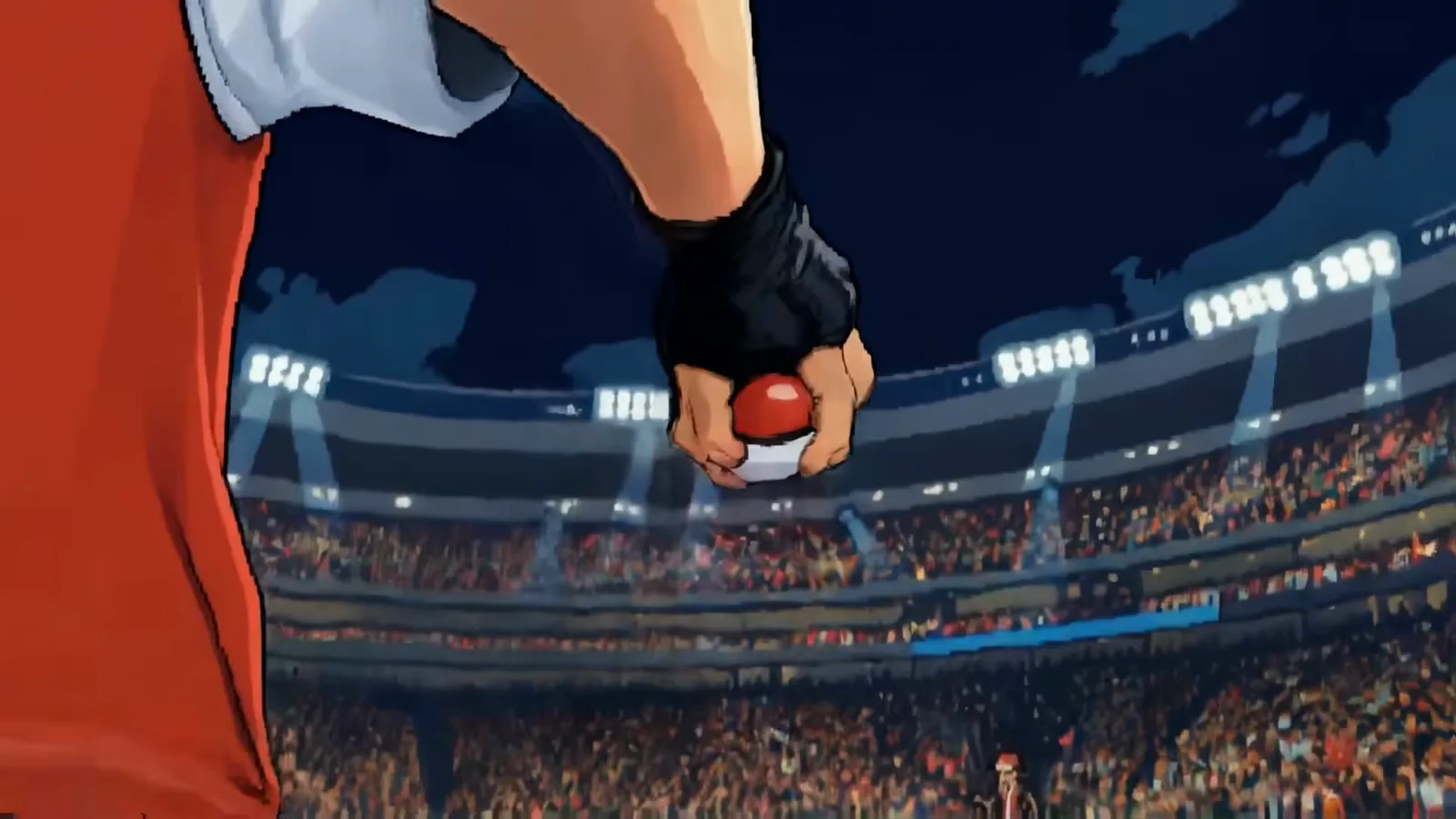 Trainer clutching a Poke Ball under stadium lights in the opening shot of Big Kid Nation’s official Pokemon Arena 2D trailer