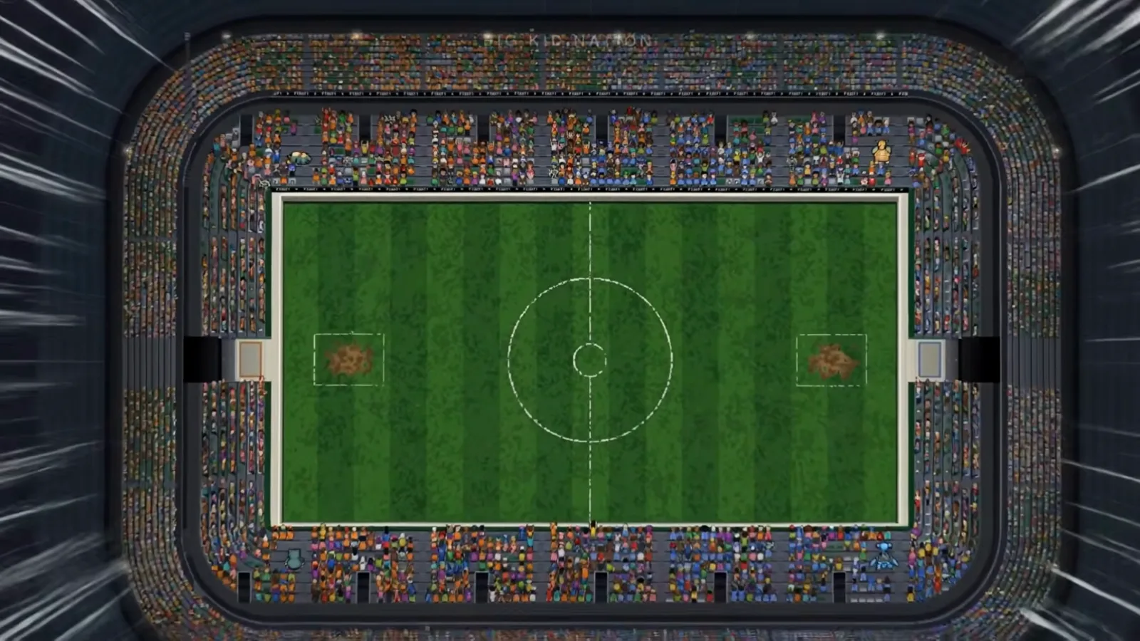 Pokemon Arena 2D stadium overview with the full grass battle pitch, packed stands and Big Kid Nation branding on the jumbotron