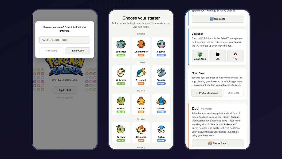 セーブコード入力、Choose your starter、Cloud Save カード(スマホ画面)